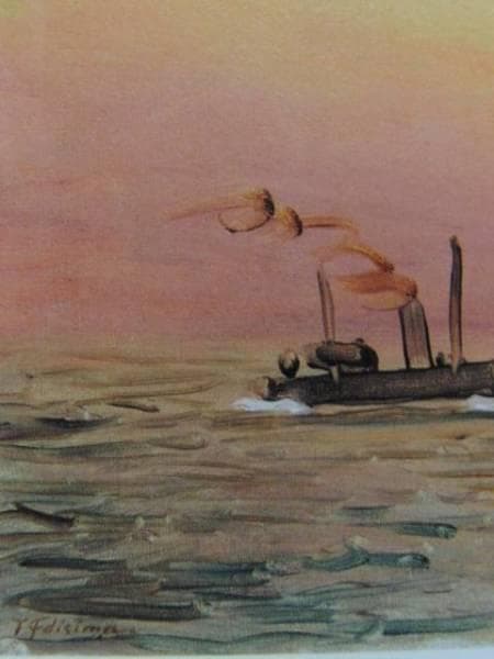 藤島武二、【港の朝陽】、希少画集画、新品高級額・額装付、状態良好