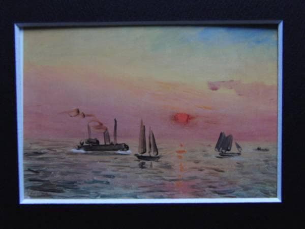 藤島武二、【港の朝陽】、希少画集画、新品高級額・額装付、状態良好