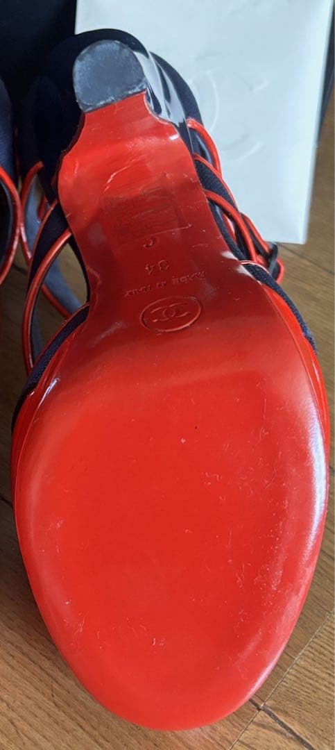 未使用品　シャネル　オープントゥハイヒール レッド/ネイビー 34