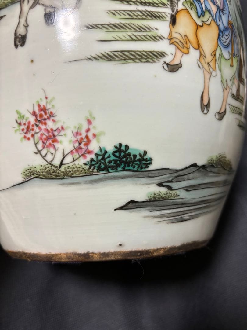 中国古美術 清末民国時代　色絵　粉彩壺　漁樵耕読　周佐興