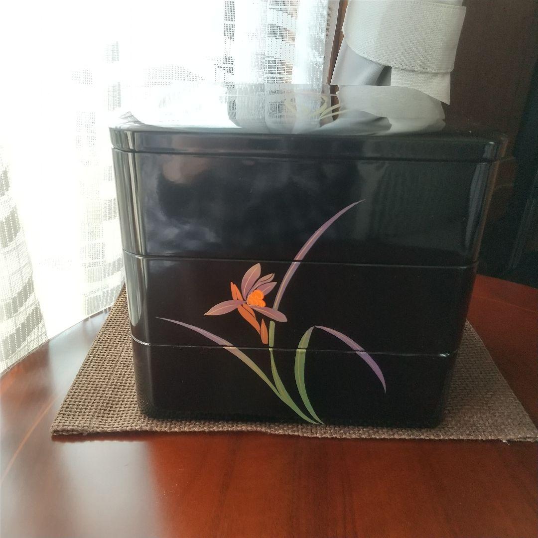 新品　会津塗　重箱 6.5寸 三段重　黒　春蘭