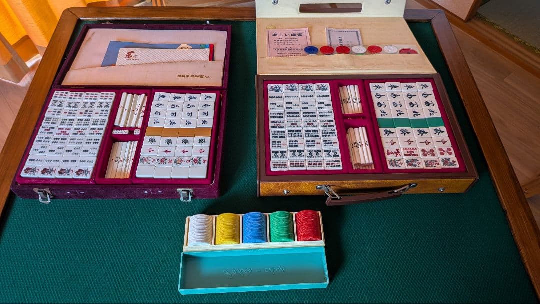 鶴一索　ミズノ丸一　ひまわり　背緑　27mm　＆東京麻雀　竹牌　チップ　セット