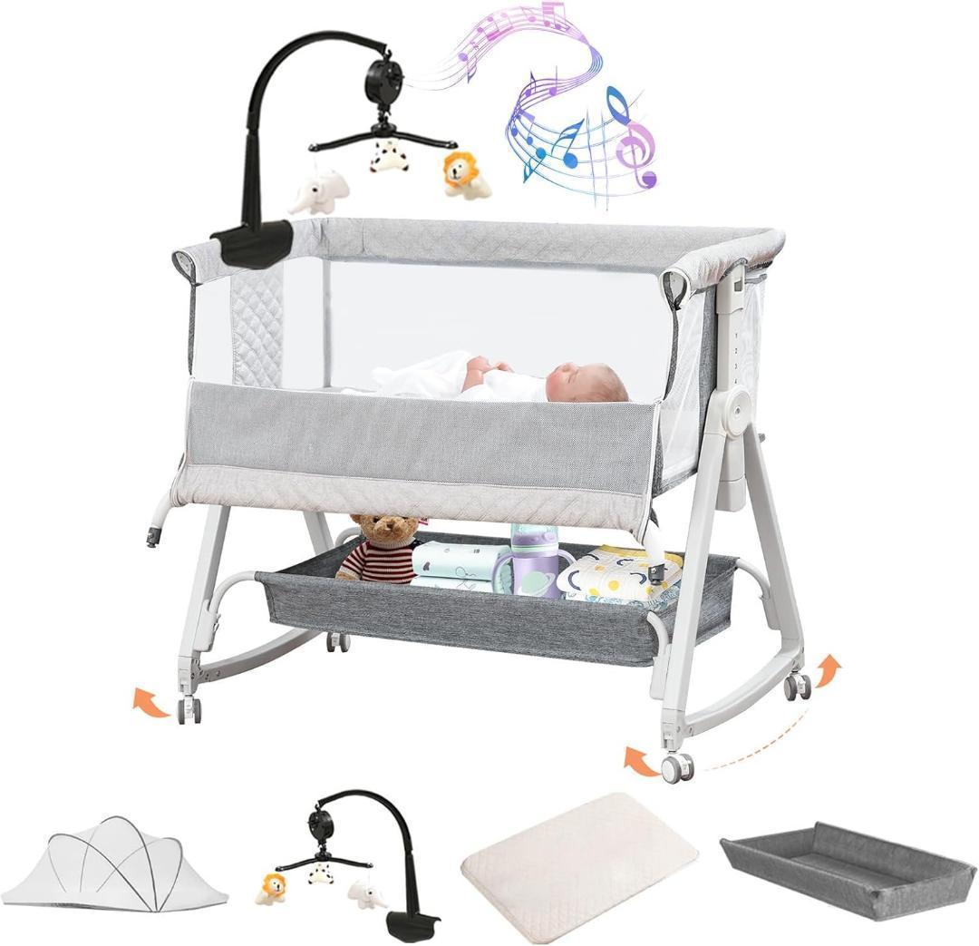 ベビーベッド添い寝ベッド グレー乳児用ベッド多機能 高さ6段調節可能キャスタ付き