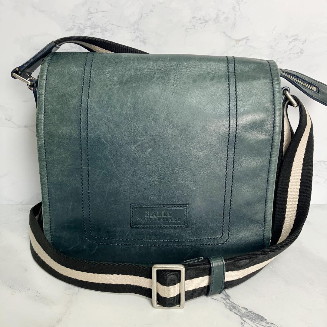 B837【本革】BALLY★ダークグリーン レザー ショルダーバッグ