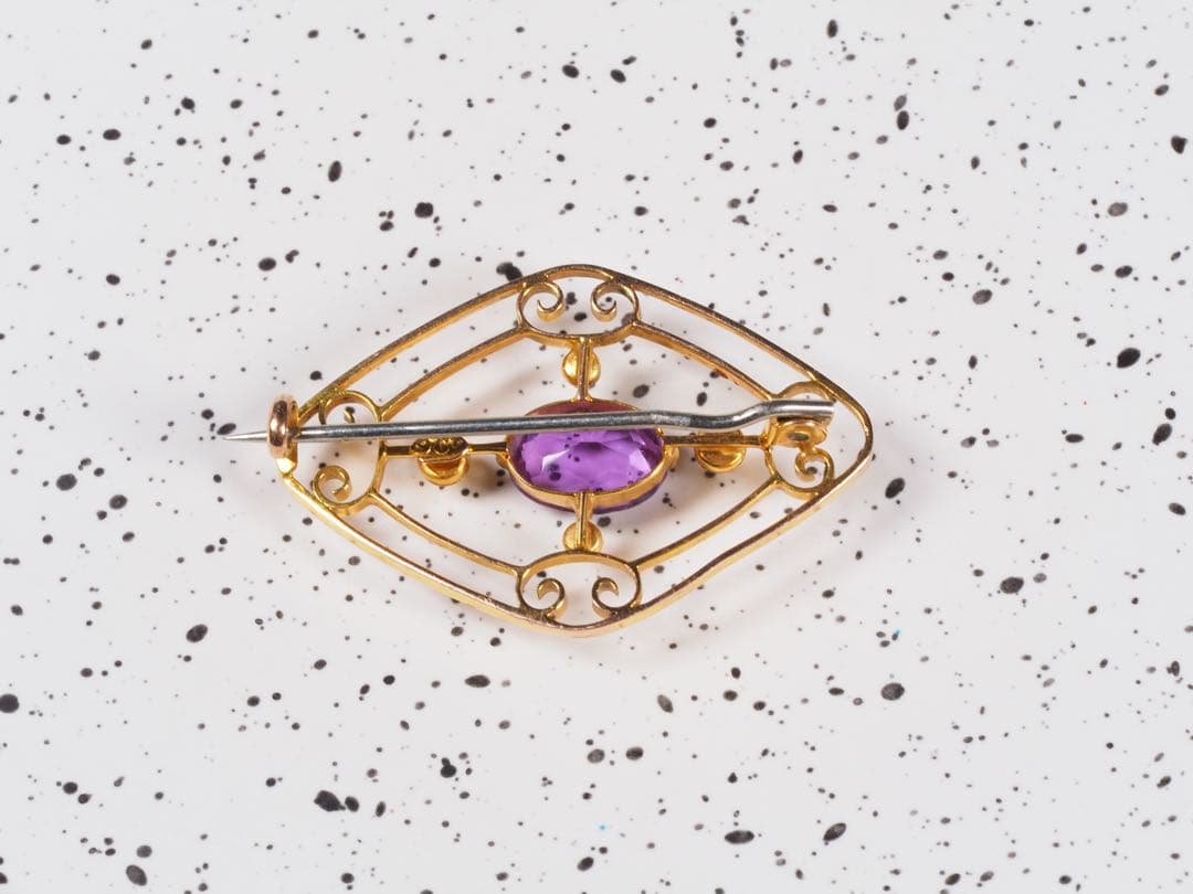 アメジスト　シードパール　9金　ブローチ　エドワーディアン期　刻印