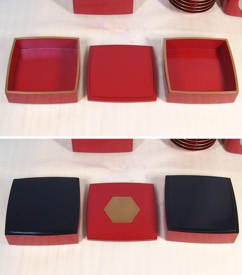 【極美品】輪島塗 わじま慶塚 朱塗金縁 屠蘇器 五つ揃/銘々皿/四段重箱 漆器