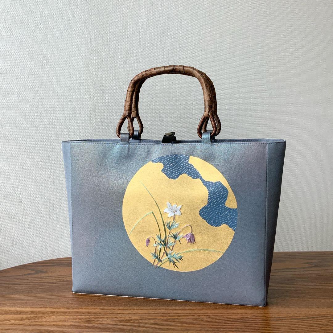 金色の満月に刺繍のお花　帯　リメイク　胡桃皮ハンドルバッグ
