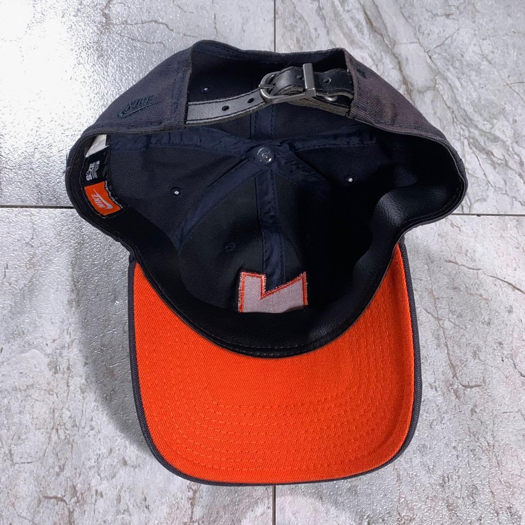 OLD NIKE ゴツナイキ キャップ 革ベルト ネイビー オレンジ 刺繍ロゴ