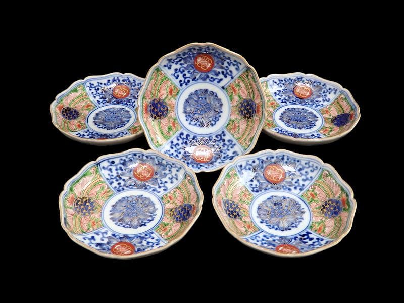 大聖寺伊万里　染錦　牡丹に唐草吉祥文の図　４寸皿　５枚　B178 AS-DAf