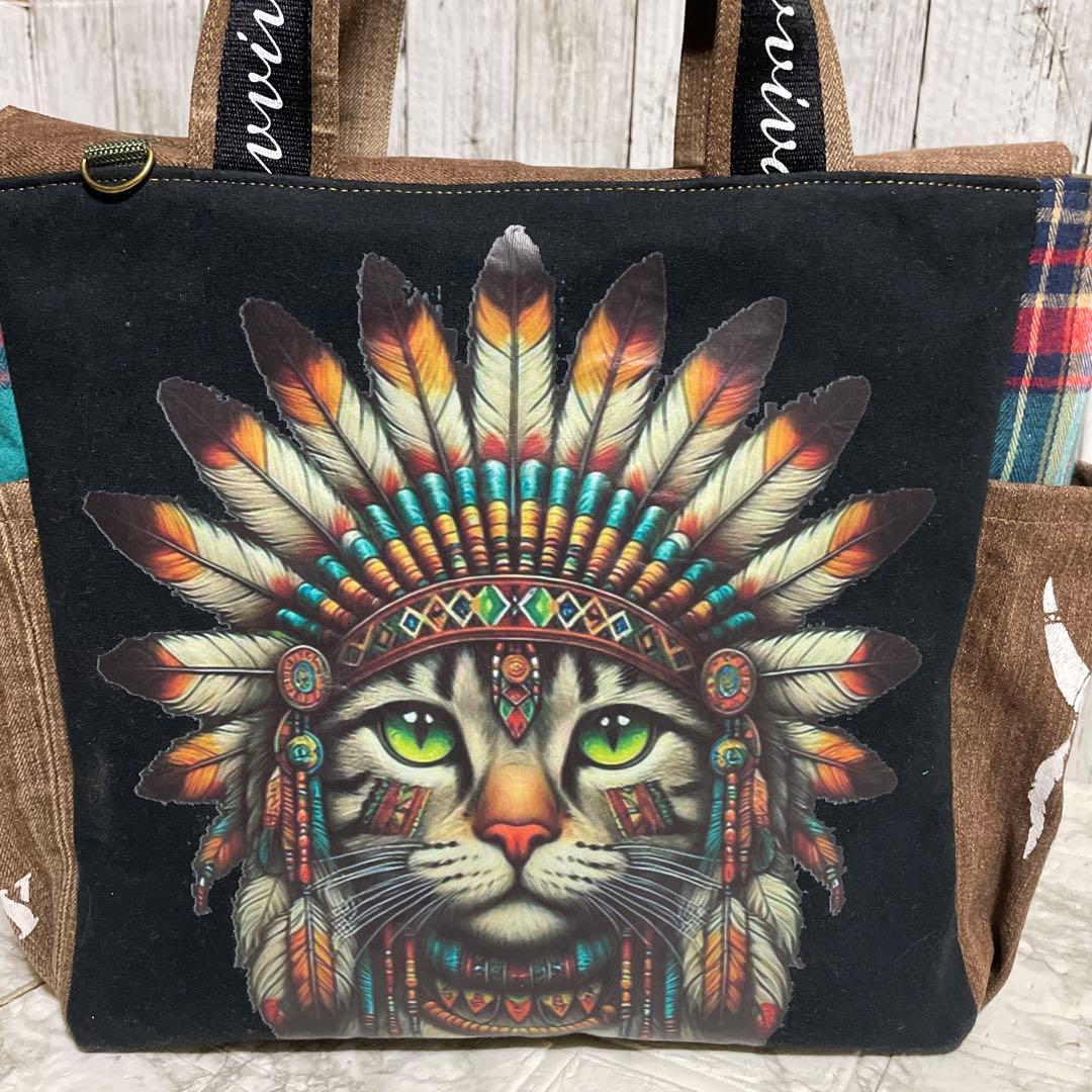 No.530 デニムリメイクバッグ　トートバッグ　キャットインディアン