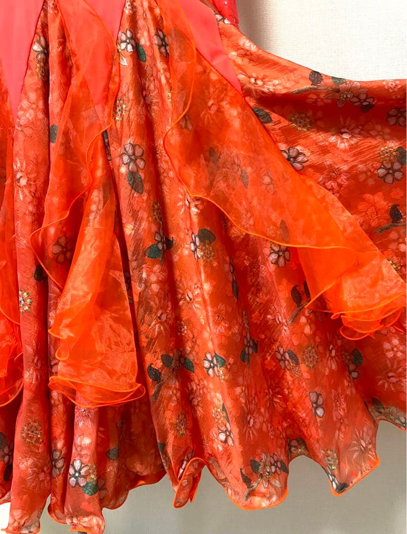 社交ダンス　上下セット　アンサンブル レッスン　オレンジ　蛍光色　フルボリューム