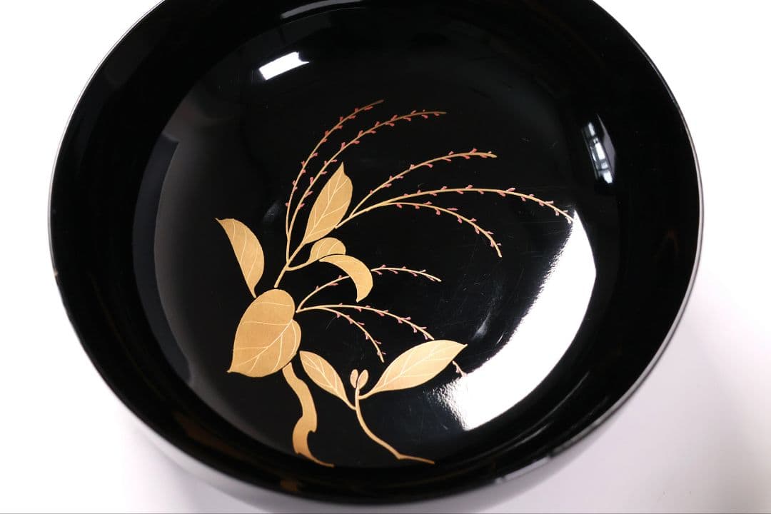 【MB189】天然木漆塗 紫陽花と葵 金蒔絵 螺鈿入 黒塗 煮物椀 二客 昭和期