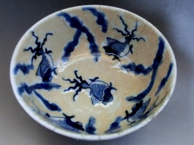 茶碗■中国 染付 魚紋 直し茶碗「成化年製」青華 お茶道具 古玩 唐物 骨董品■