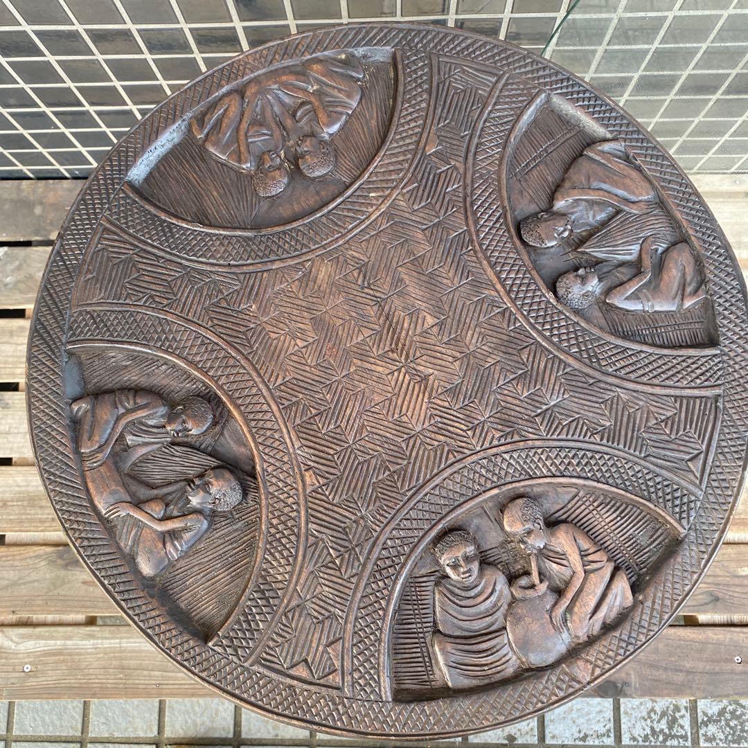 ヴィンテージテーブル 木彫 ガラス天板 インテリア 店舗什器 アフリカ アジア