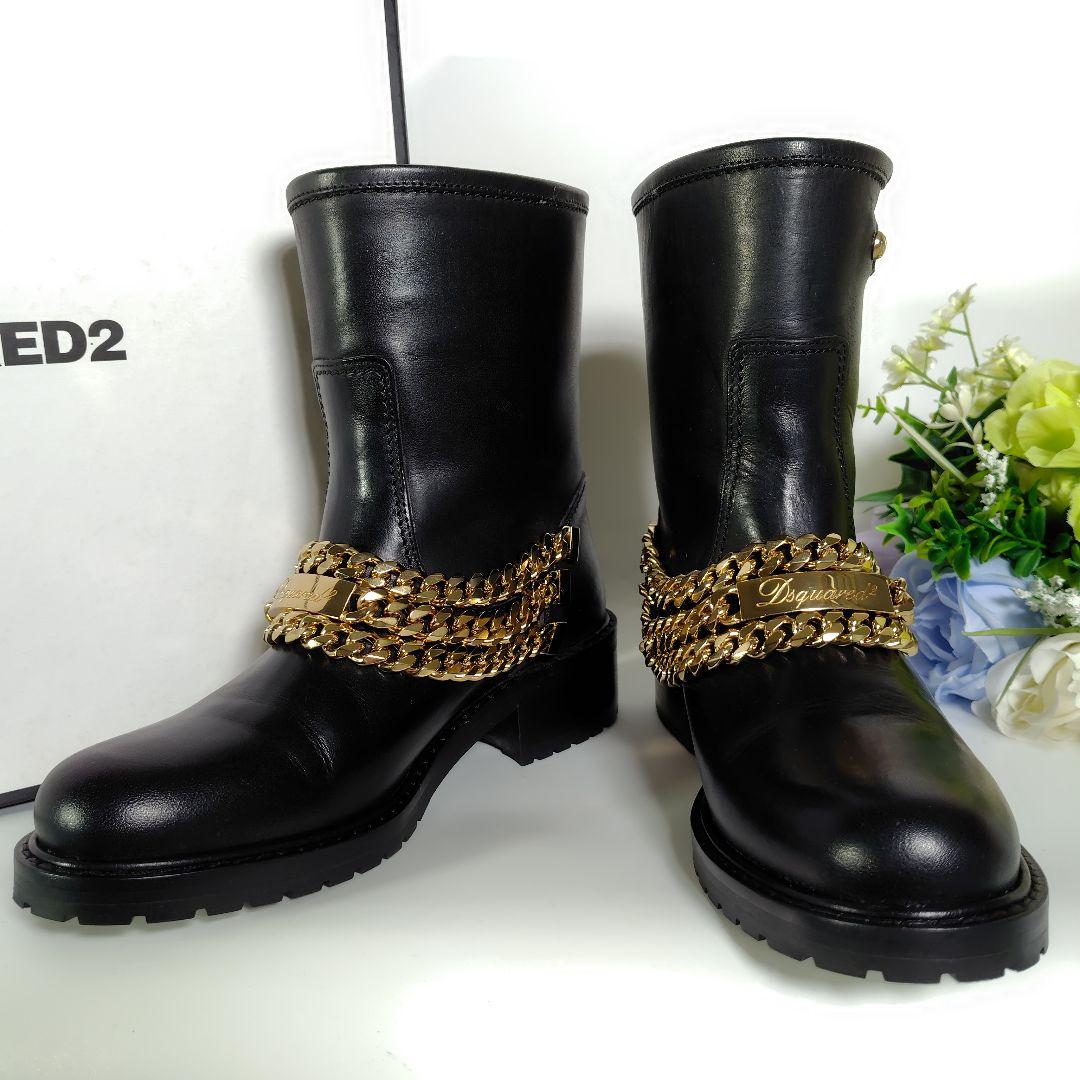 DSQUARED2 ゴールドチェーン レザー ブーツ 黒 37 モード