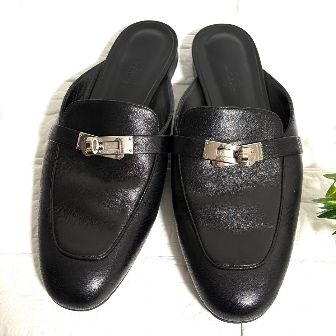エルメス オズ ケリー シルバー金具 ミュール サンダル 黒 ブラック 38