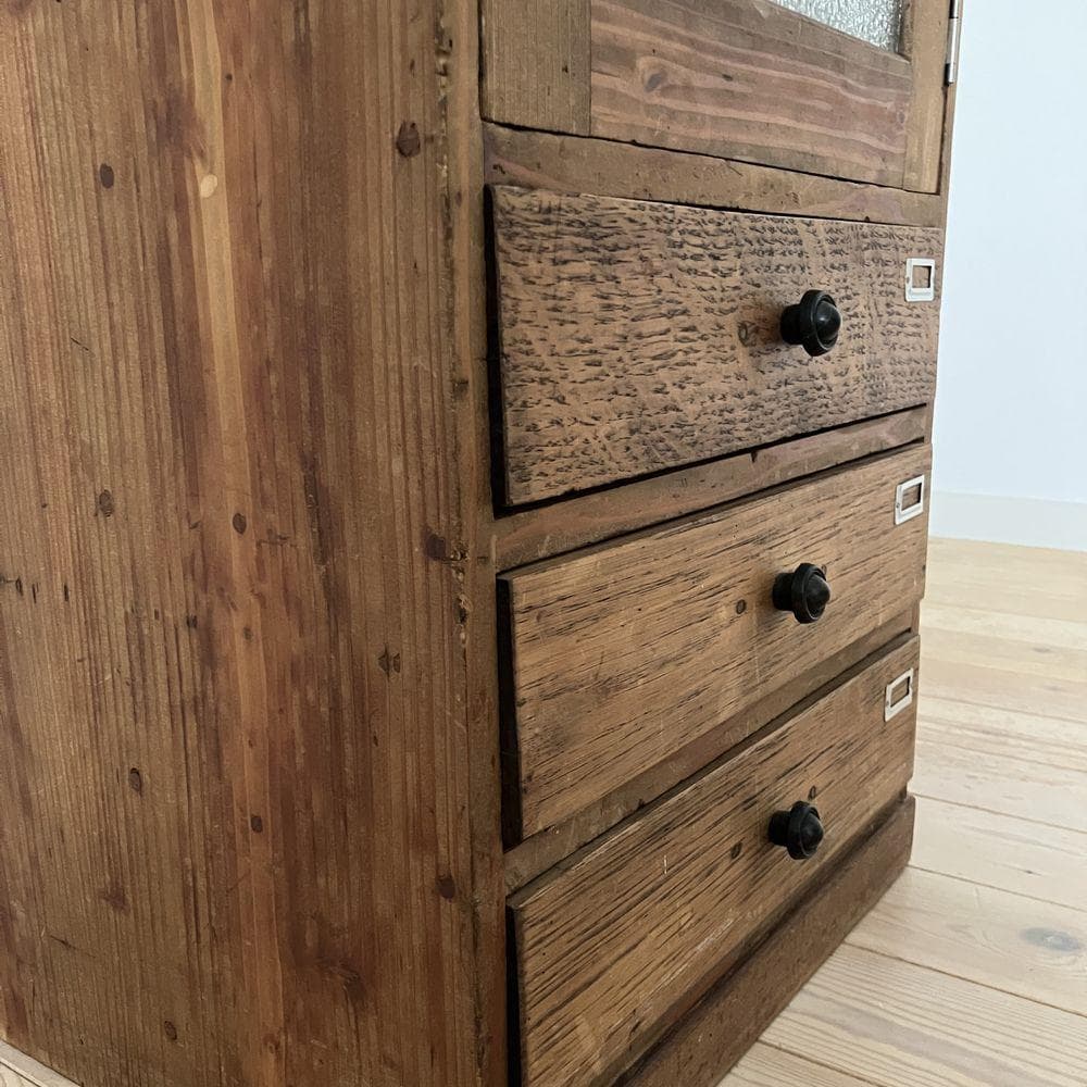 昭和レトロ 古い木製収納棚 ダイヤガラス キャビネット アンティーク 古道具