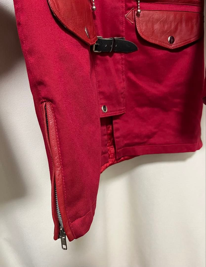 JIMSINN レザーパーツ使用 ベルト ファー付き ダック地 コート 赤 M