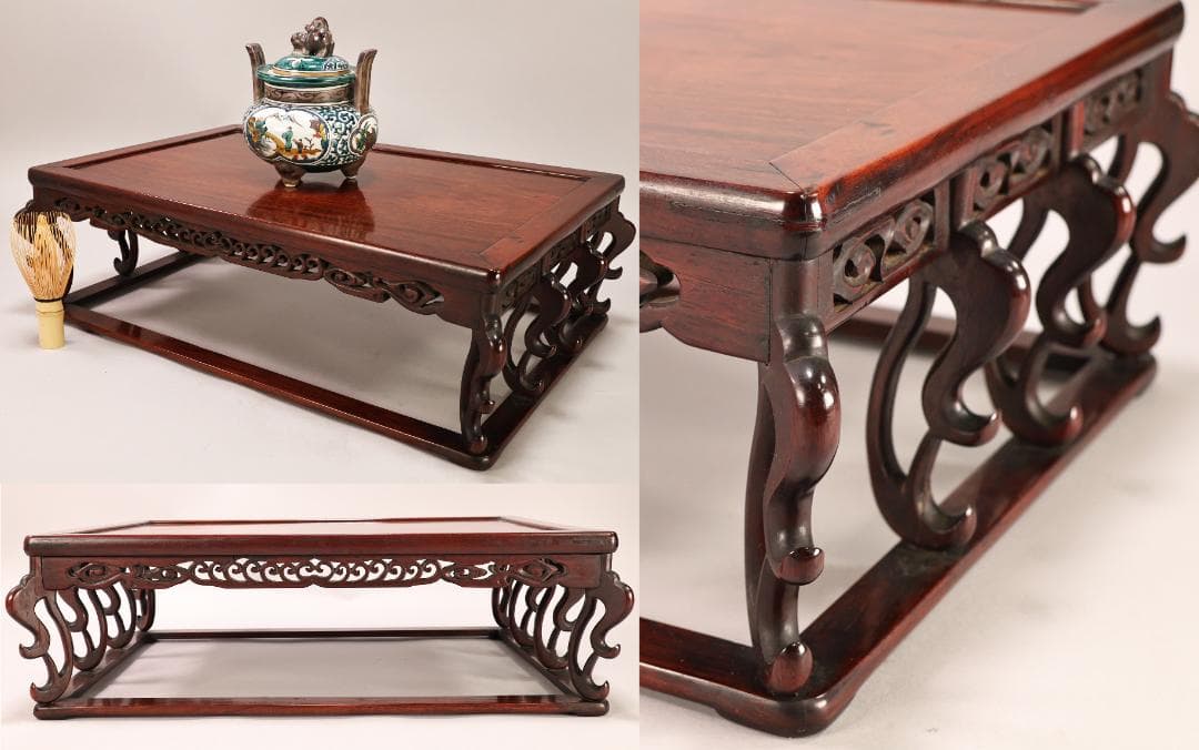 BK433　時代唐木　雲状八足　平卓　花台　香炉台　飾台　床飾　透彫り