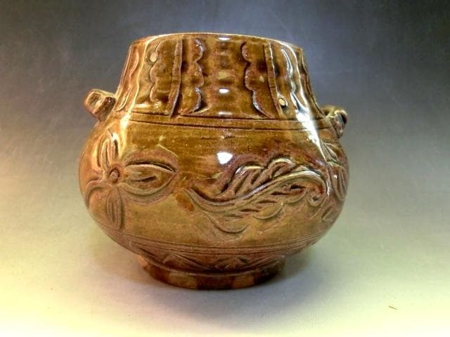 火入れ■飴釉耳付き瓶 古壺 壷 火器 唐草模様 置物 オブジェ 時代物 骨董品■
