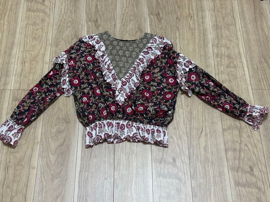 【美品】nioki カンタキルト×ブロックプリント フリルブラウス