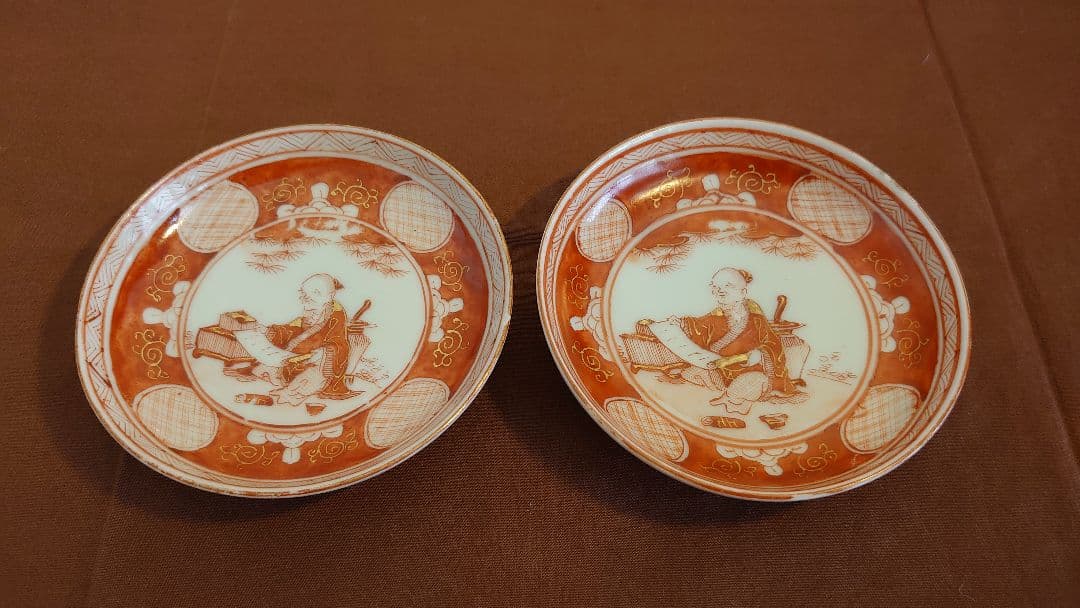 古九谷　九谷焼　赤絵　宮本窯　飯田屋　浅井一毫　アンティーク九谷焼　２客