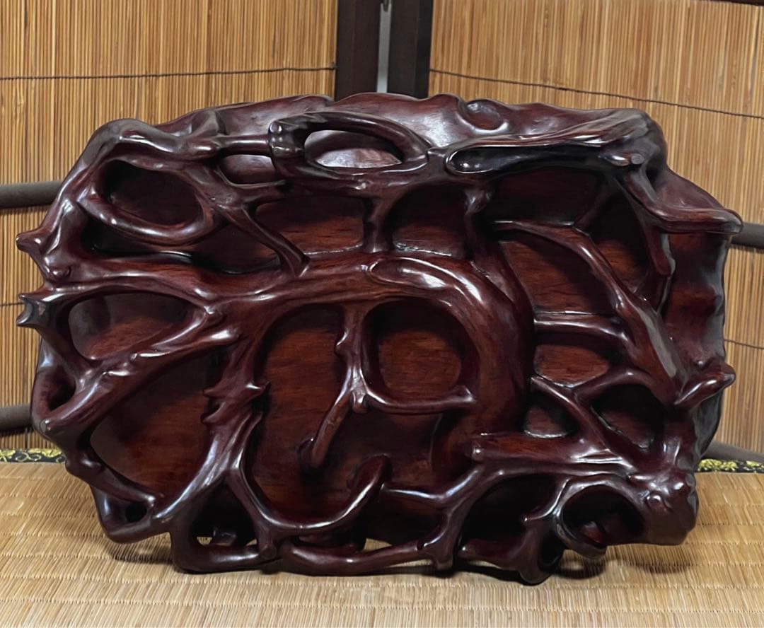 根卓 天然無垢材 透かし根彫り 花台 香台 盆栽台 約3㎏