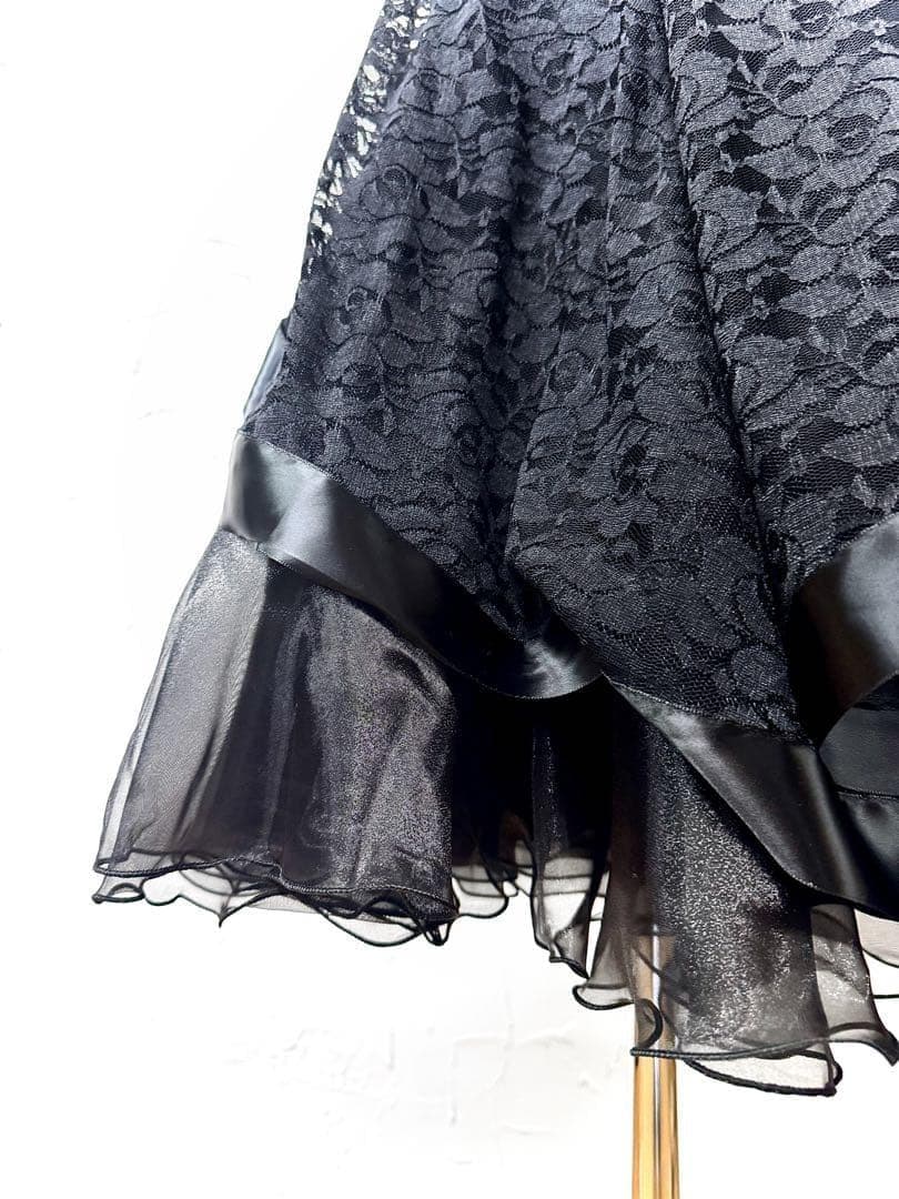 【薔薇レース】新品 社交ダンス用裾サテンテープ 黒ロングフレアスカートb502