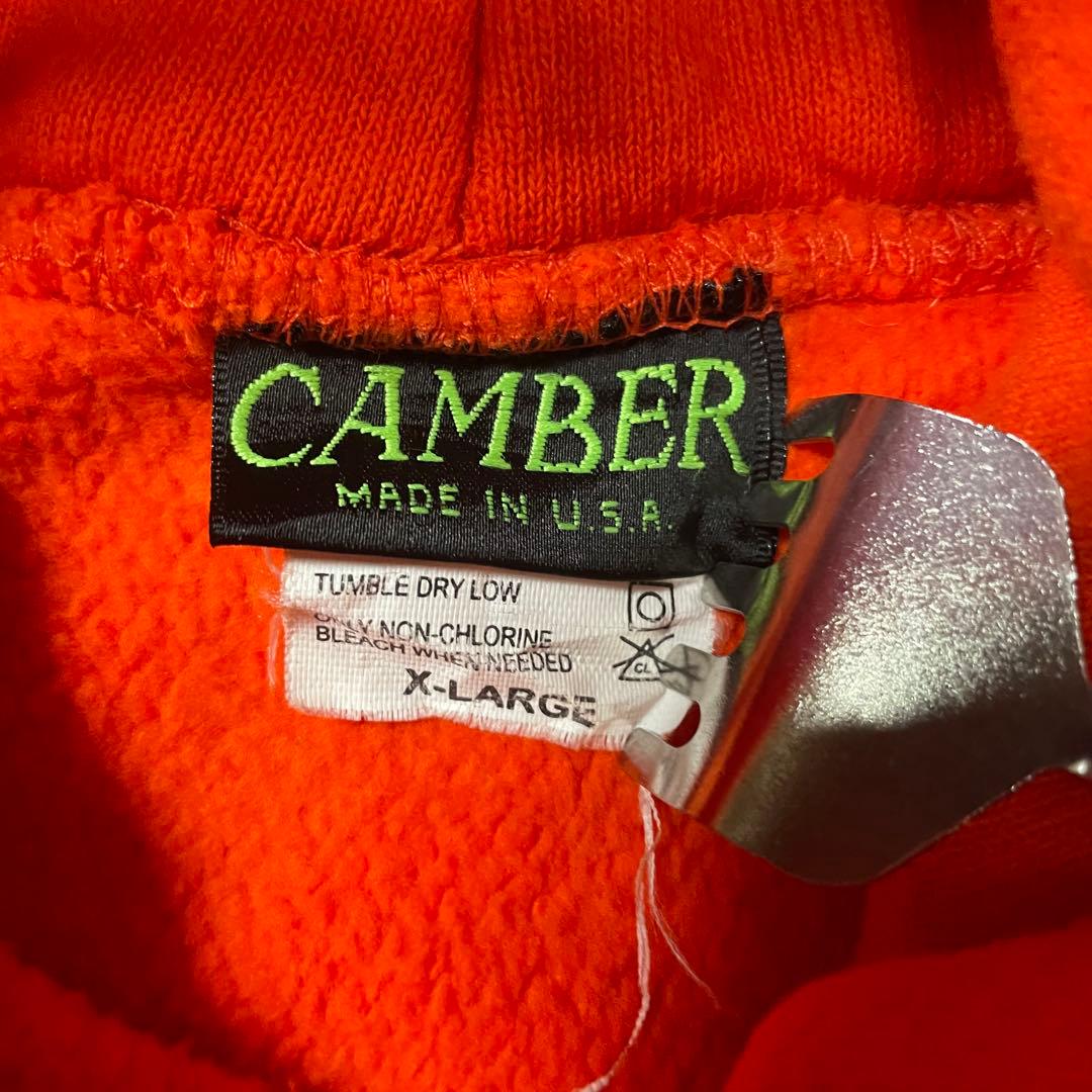 希少USA製CAMBER企業ロゴ入り肉厚プルオーバーフードスウェットXLオレンジ