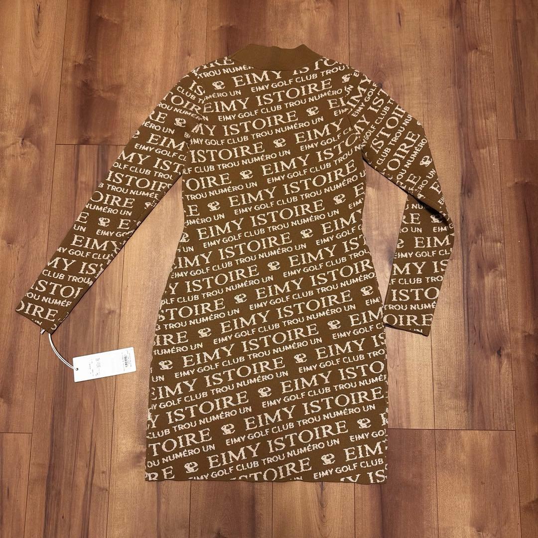 ロゴ　ニット　ワンピース　モックネック　長袖　春秋冬　ベージュ　サイズF 新品