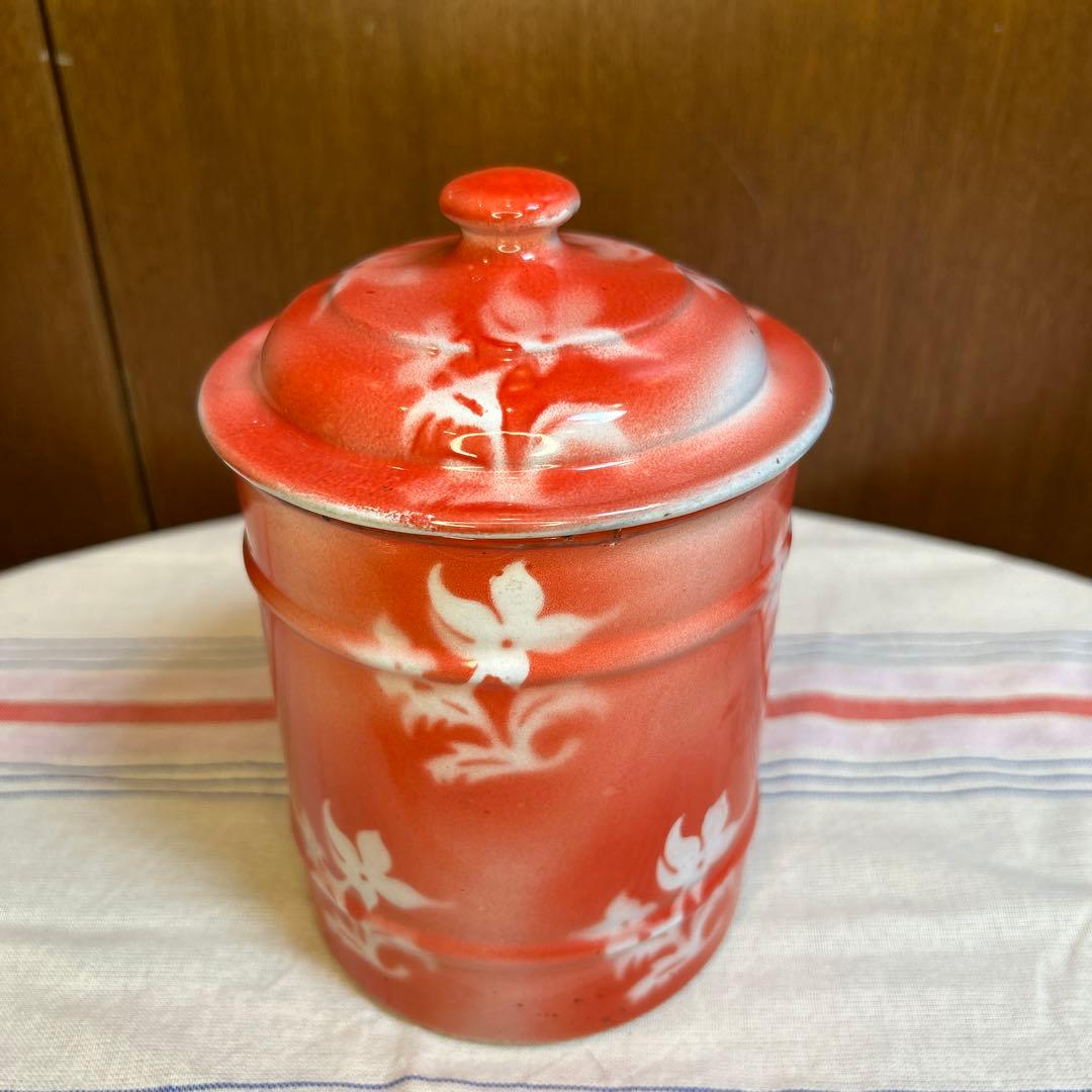 美品フランスアンティーク赤、白花柄ホーローキャニスターFARINE(小麦粉入れ）