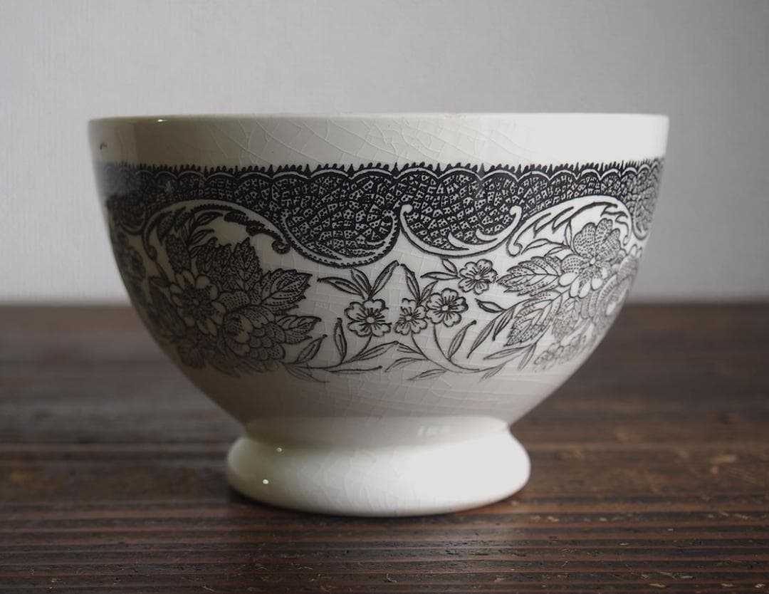 大きめヴィクトリアン様式 グリザイユ カフェオレボウルスペイン古陶/K280