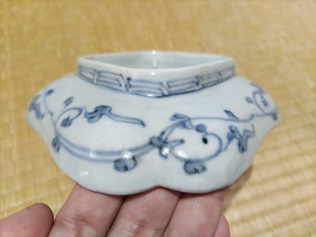 古伊万里　型紙摺　印判　入隅　菱形　皿（21×17cm）二重角福　藍柿