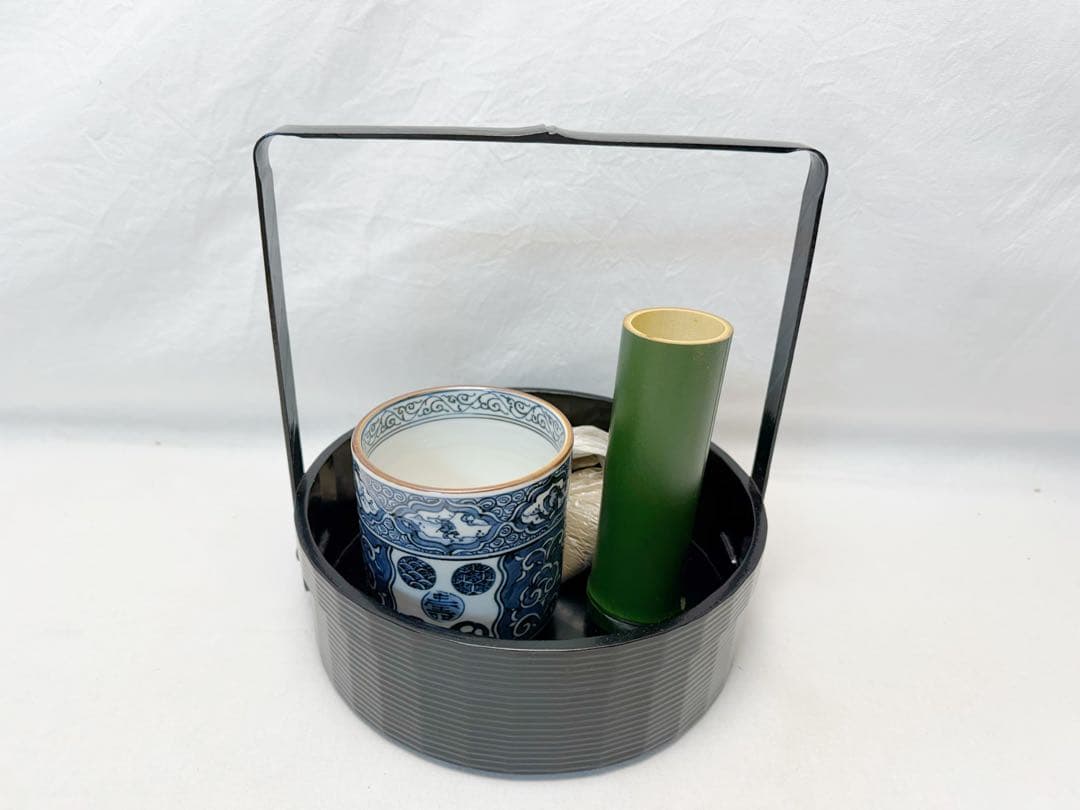 ほぼ未使用 茶道具 丸手付莨盆一閑塗 宗旦好写 曽根幸風作 染付火入灰吹灰付元箱