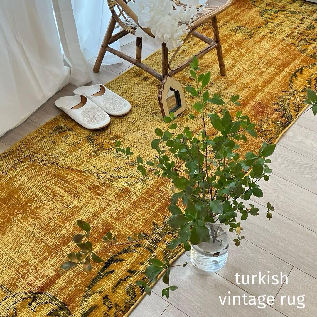 超ロング/オーバーダイ　幸福イエロー　グリーン　ランナー　トルコヴィンテージラグ