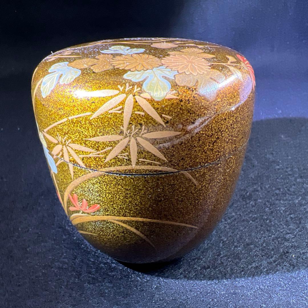 輪島塗　山下春甫造　梨地四君子蒔絵中棗　共箱　高さ約7㎝　東Y8-0106☆2F