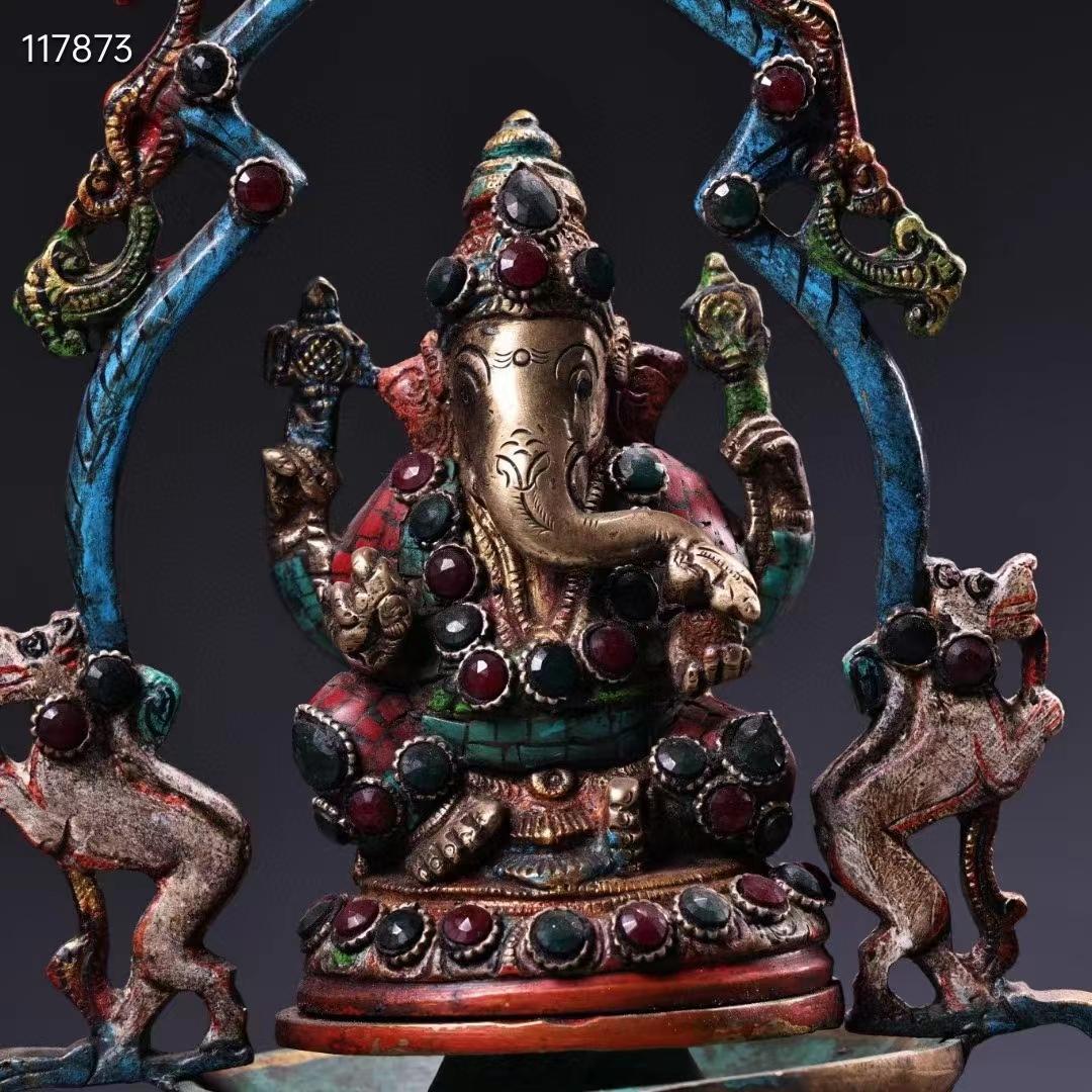 中国古美術・旧蔵象の鼻の富貴神の蓮の花油灯・純銅・蔵伝工芸・宝石彩絵描金・木箱付