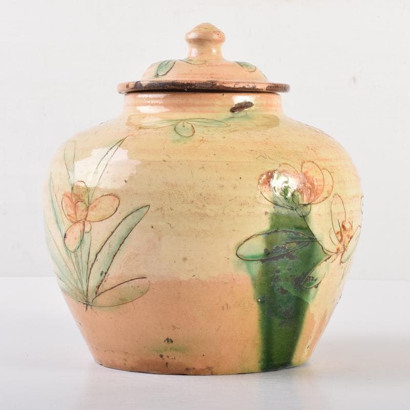 中国　唐三彩　花文　蓋壷　蓋物　C　6967