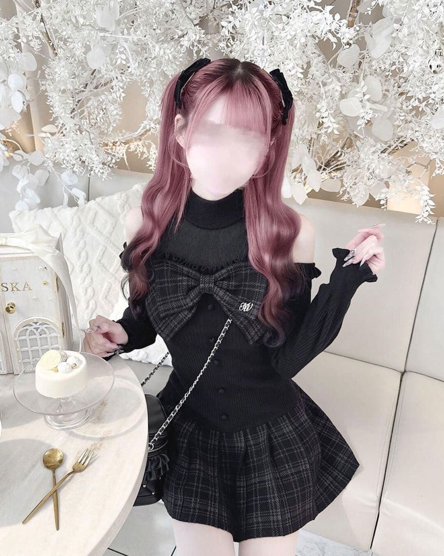 ♡ HONEYMEW ハニーミュウ チェックリボン肩空きプリーツワンピース ♡