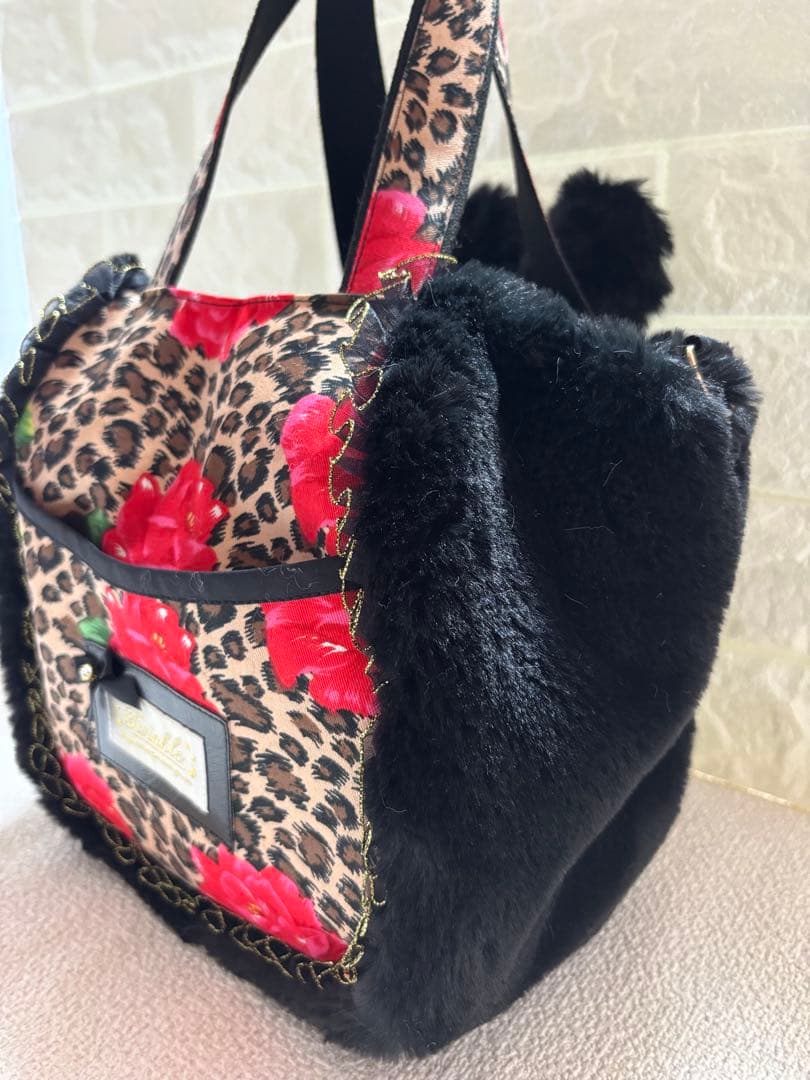 牡*❁様 コヤンイサムチョン　ハンドメイド　ファーバッグ　ヒョウ柄黒　ルミちゃん