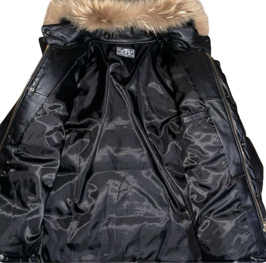 波達 ブラック 羊革 レザー ダウンジャケット ファー付き