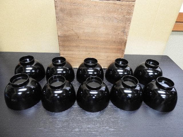 長野横笛　黒地鶴蒔絵　吸物椀10客　共箱有　MA388