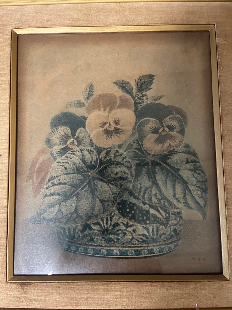 岡鹿之助　油彩画 花瓶のパンジー OKA 作　　限定千部