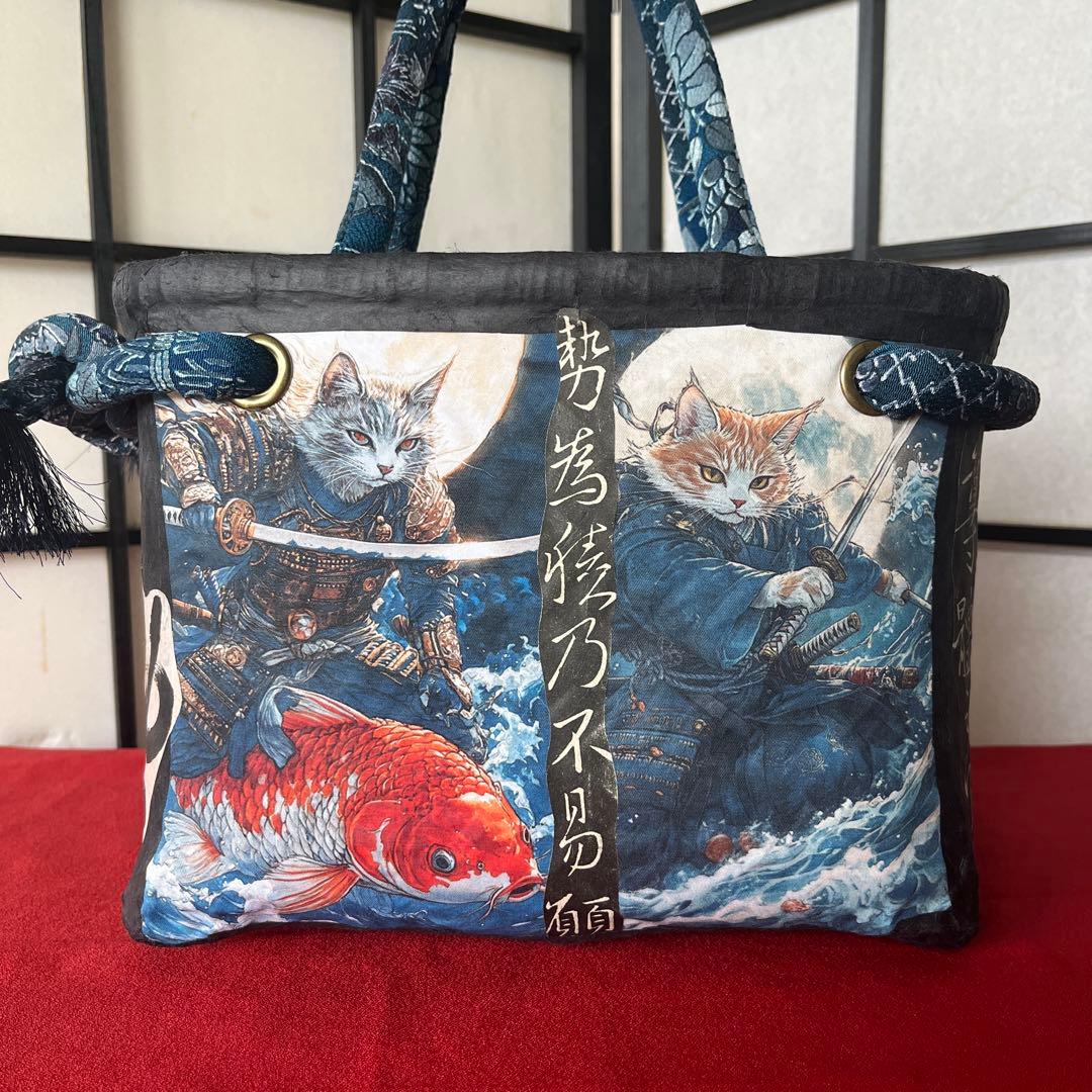 猫侍 一閑張り バッグ かごバッグ ハンドバッグ 和猫 茶トラ 中サイズ 和柄