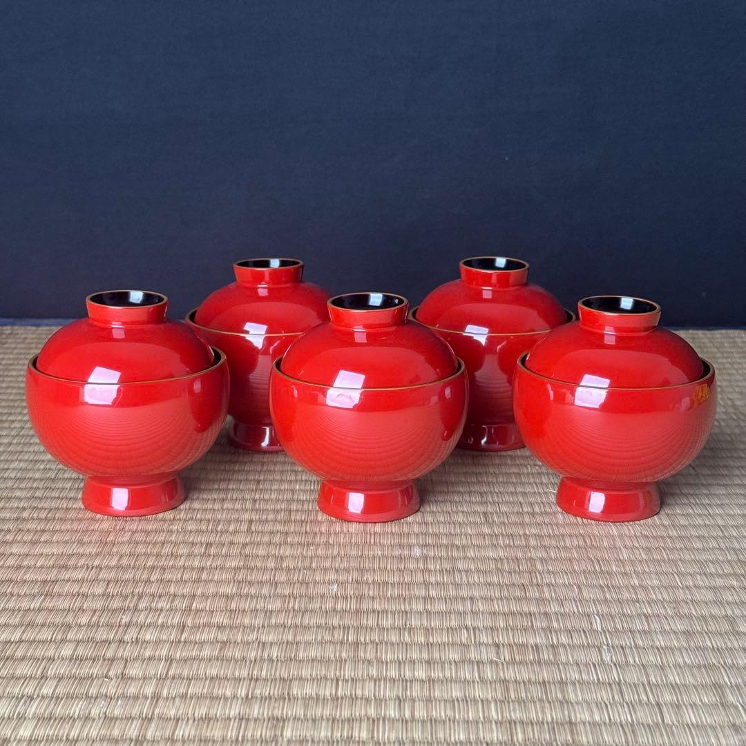 輪島塗 絵付 まり椀 5客 本堅地 中島松朗 (九香)作 布付 共箱 茶懐石道具