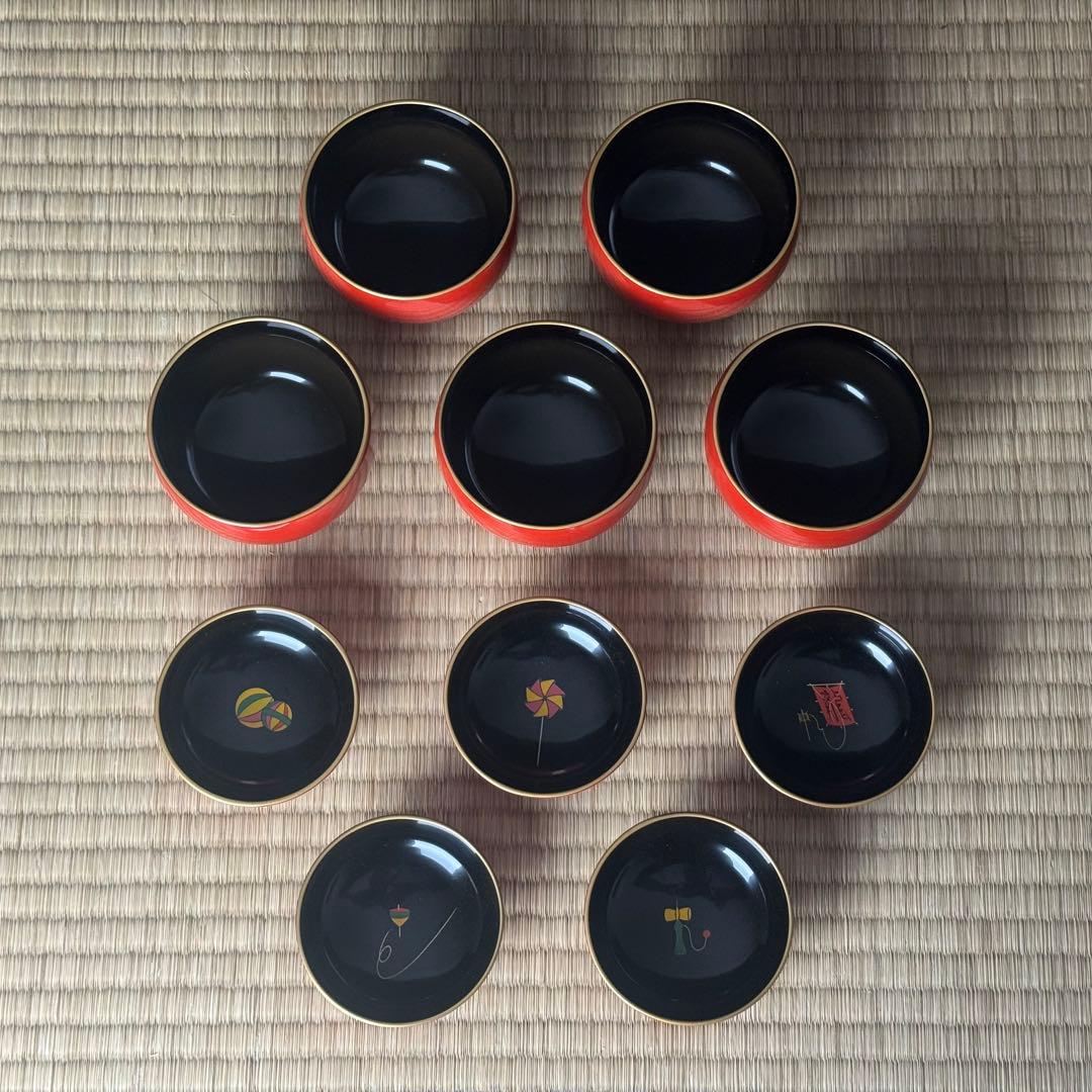 輪島塗 絵付 まり椀 5客 本堅地 中島松朗 (九香)作 布付 共箱 茶懐石道具