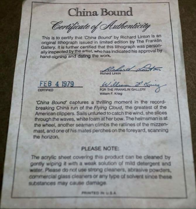 額装品　リトグラフ　R.リントン作　「中国への航海」フランクリン画廊　佳品　稀少