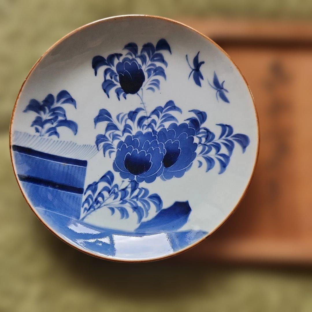 幕末染付け垣根蝶々牡丹花手書き皿　5皿セット