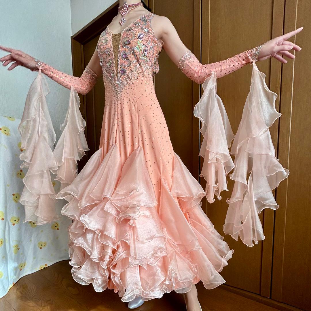 社交ダンスドレス　サーモンピンク　豪華ストーン　紫石　美品　ella 髪飾付き