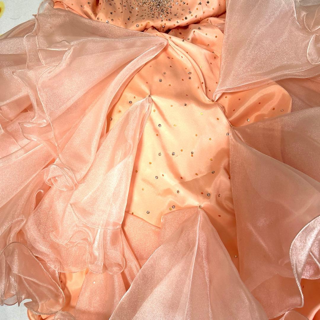 社交ダンスドレス　サーモンピンク　豪華ストーン　紫石　美品　ella 髪飾付き